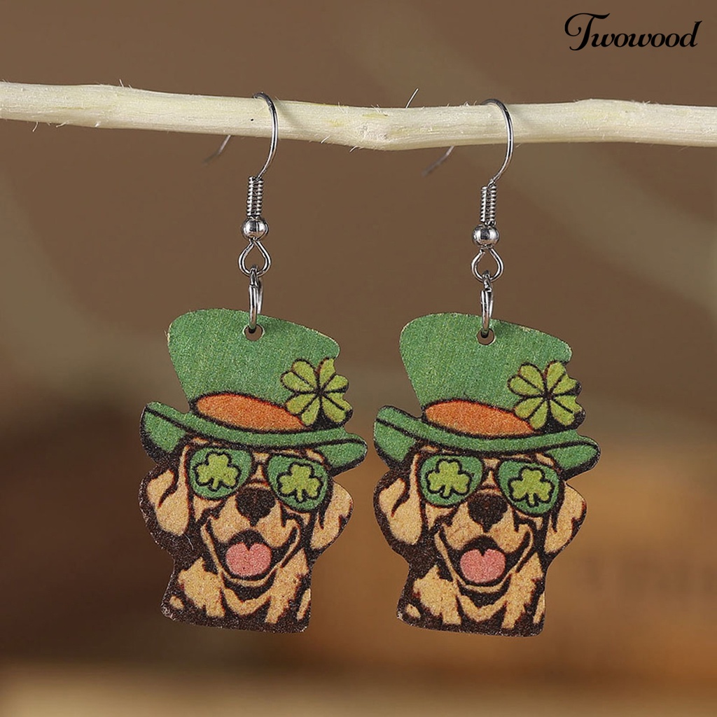 Twowood 1pasang Kait Anting Kayu Dua Sisi Shamrock Clover Lucu Irish Hijau Topi Anjing Menjuntai Anting Perlengkapan Hari Saint Patrick