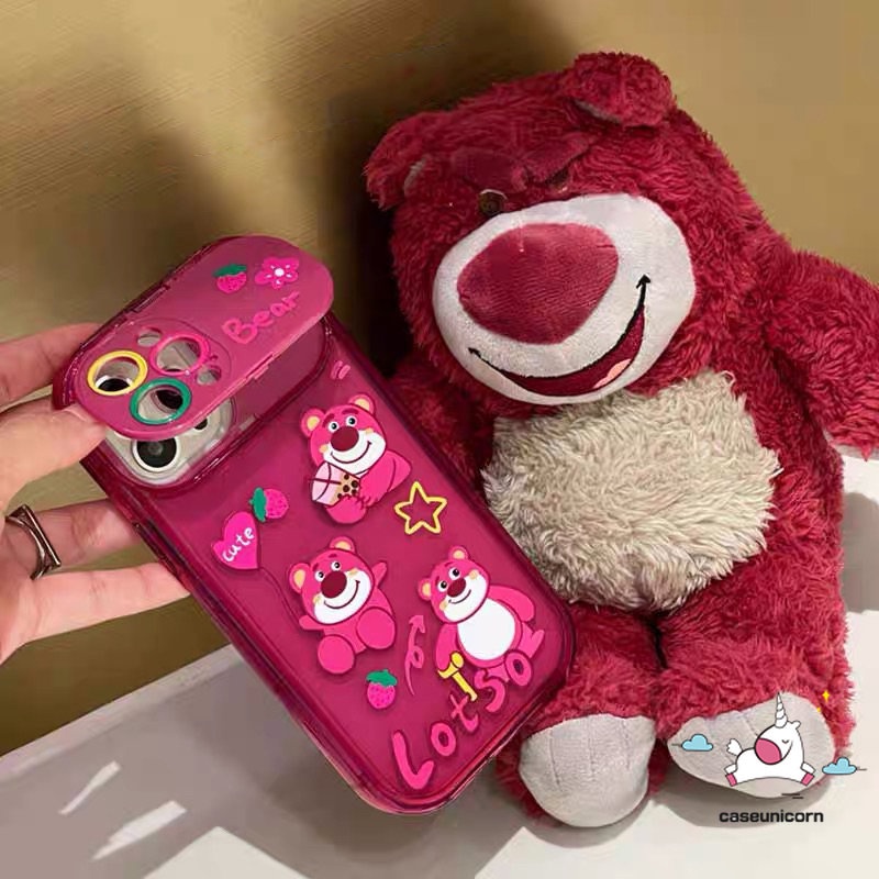 IPHONE Kartun Lucu Manyo Strawberry Bear Phone Case Kompatibel Untuk Iphone11 13 12 14 Pro Max7 8 14 Plus XR X XS MAX SE Kreatif Flip Make Up Cermin Lembut TPU Rose Red Silicon Case