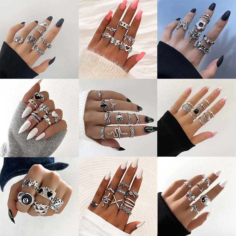 Vintage Punk Spade Card Ring Kreatif Kupu-Kupu Cinta Api Ular Drop Minyak Cincin Set Aksesoris Elegan