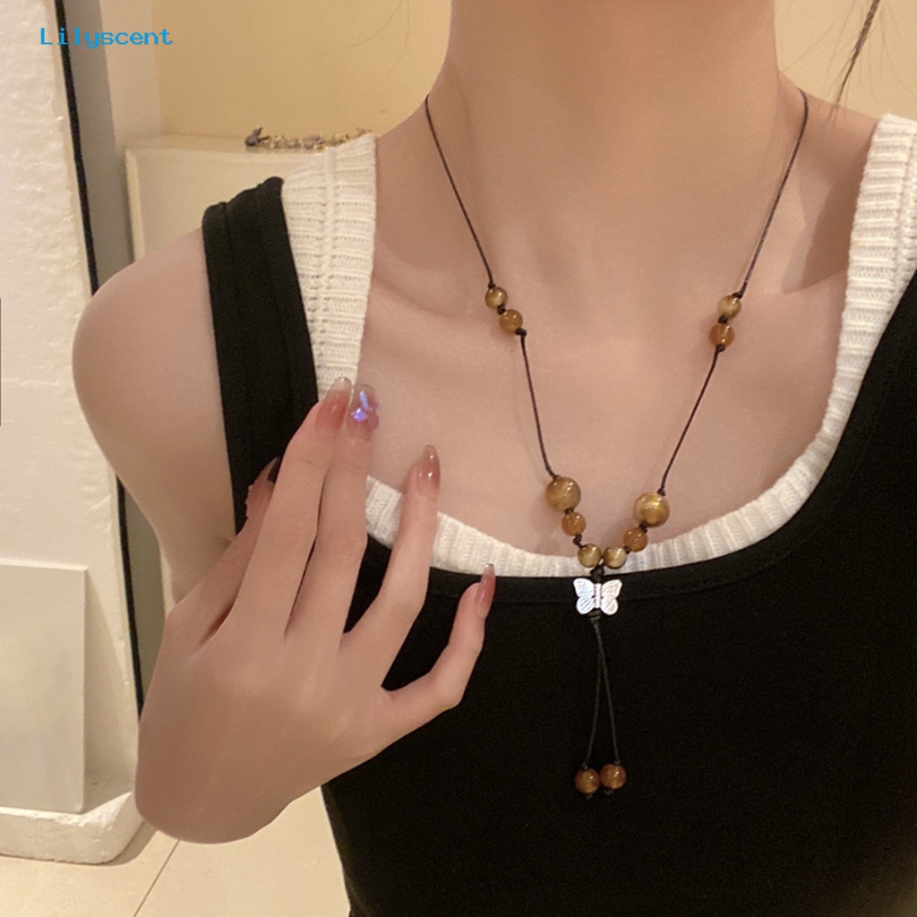 [LS] Wanita Kalung Vintage Etnik Gaya Cina Kupu-Kupu Liontin Gaun Panjang Buatan Tangan Wanita Pesona Manik-Manik Kalung Perhiasan Hadiah