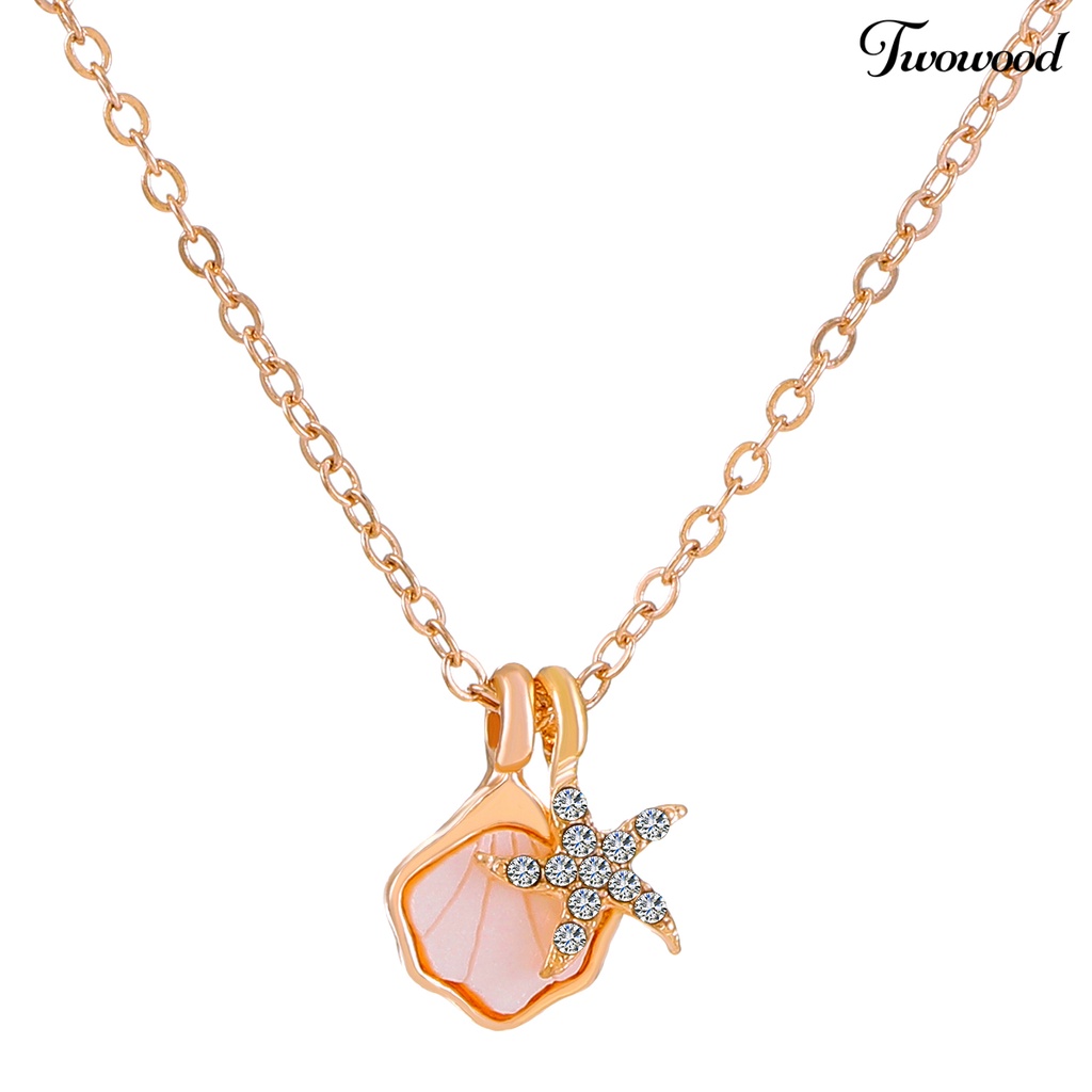 Twowood Wanita Sweater Kalung Bentuk Kerang Berlian Imitasi Dekorasi Berongga Keluar Warna Solid Dilapisi Pakaian Cocok Alloy Bintang Laut Wanita Kalung Pesta Perhiasan