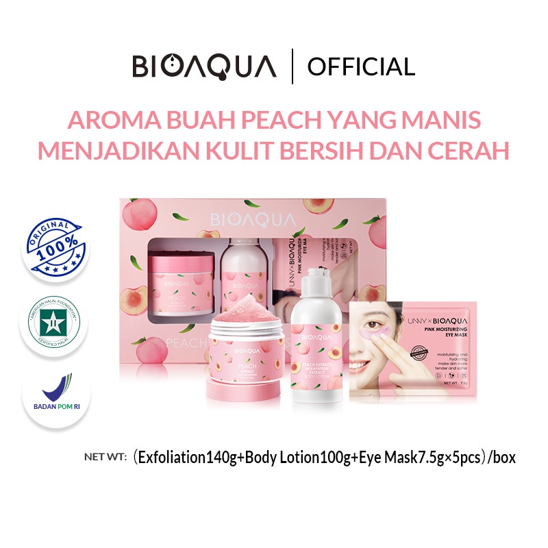 BIOAQUA Peach Body Care Series Set With Body Scrub/Body Lotion/Eye Mask Menghidrasi dan Melembapkan