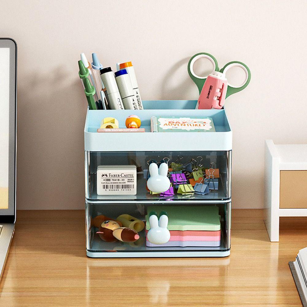 R-flower Pen Holder Multi Fungsi Dengan Laci Transparan Banyak Kompartemen Tempat Alat Tulis Desktop Organizer