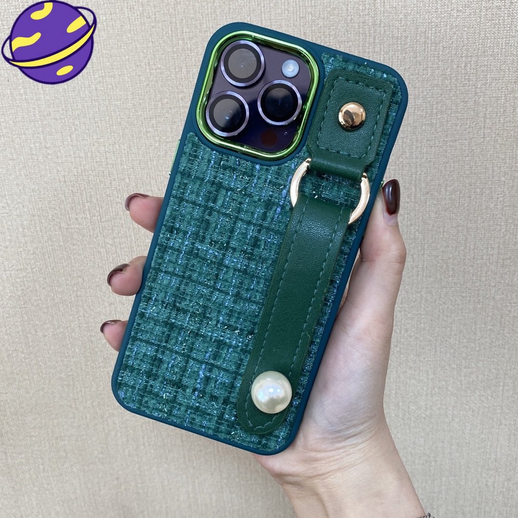 IPHONE Soft Case Tali Pergelangan Tangan Bahan Kulit Warna Hijau Tua Untuk Iphone12 13 14 11 Pro Max14 Plus Casing Belakang Kain Imitasi