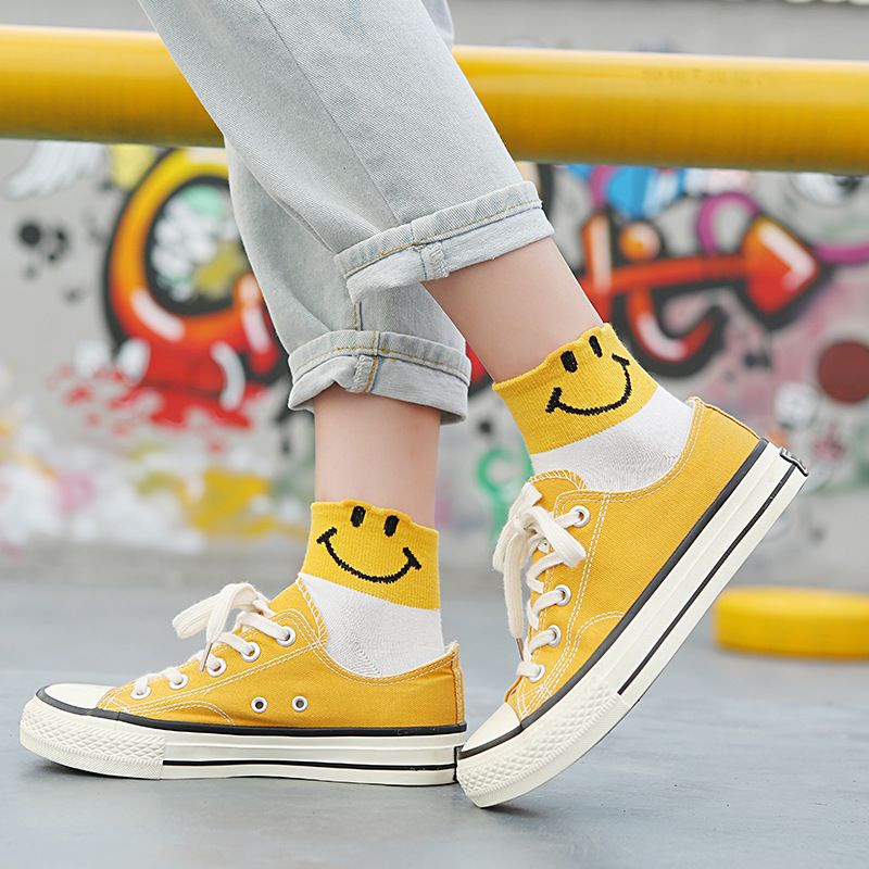 [littlecrab] Kaos Kaki Smile Hitam Putih Kuning Senyum Import Sock Smiley Simple Polos Tebal High Quality Korean Style