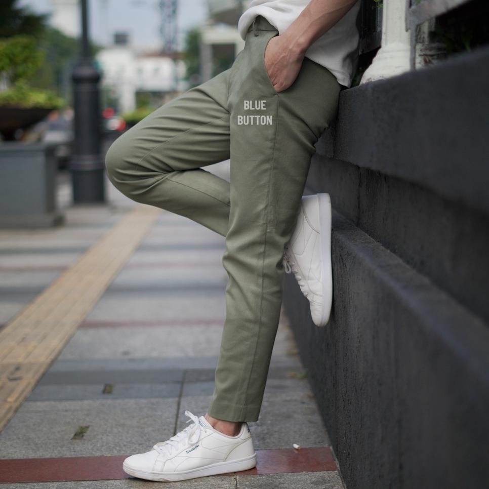 Stok Terbaru BlueButton Smart Chino Ankle Pants Kekinian SLIM FIT Stretch Celana Panjang Pria - Sage