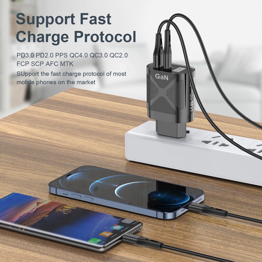 Charger GaN 65W PD Fast Charging Charger Handphone QC3.0 Sumber Cas Umum Laptop