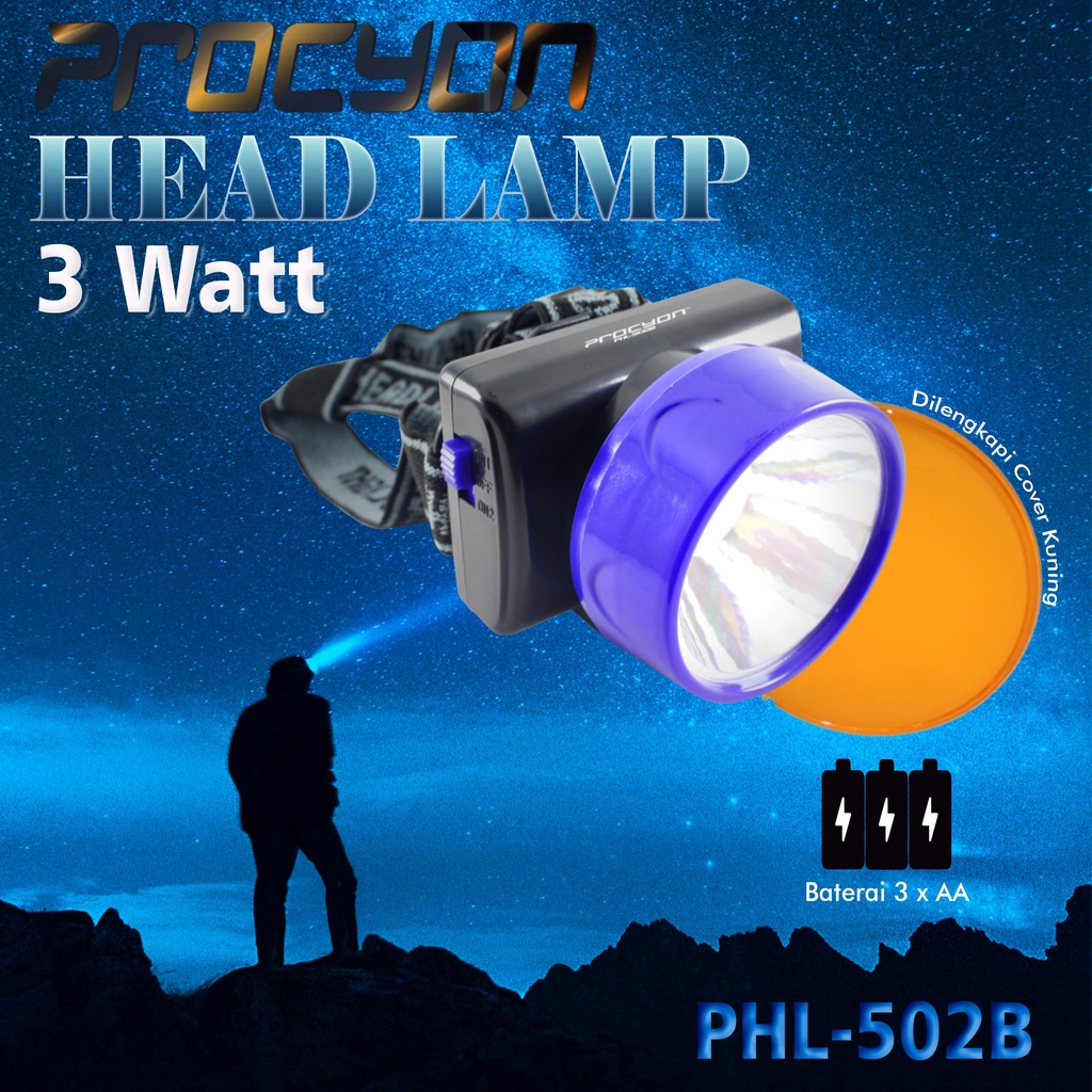 Head Lamp Senter Lampu Kepala Procyon Putih Kuning 3watt 10watt