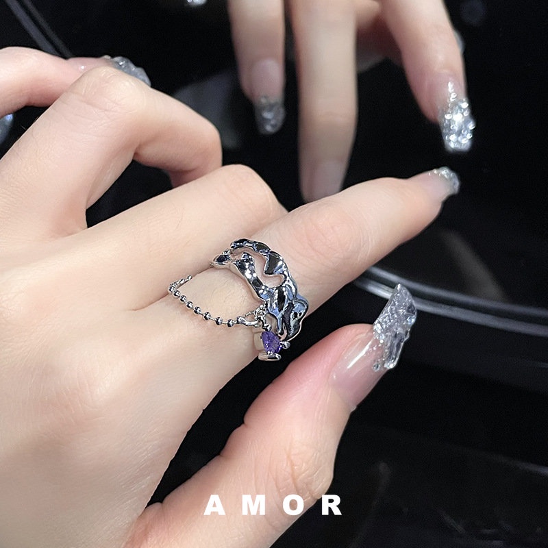 Set Cincin Batu Moonlight Cincin Adjustable Desain Niche Rantai Cinta Permata Kepribadian Wanita