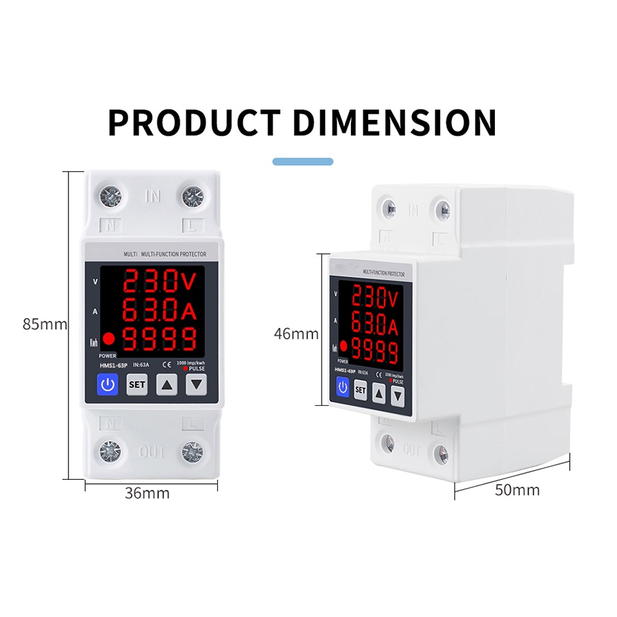 Din Rail Adjustable 3IN1 Over Under Voltage Current Protection 2P 63A 230V