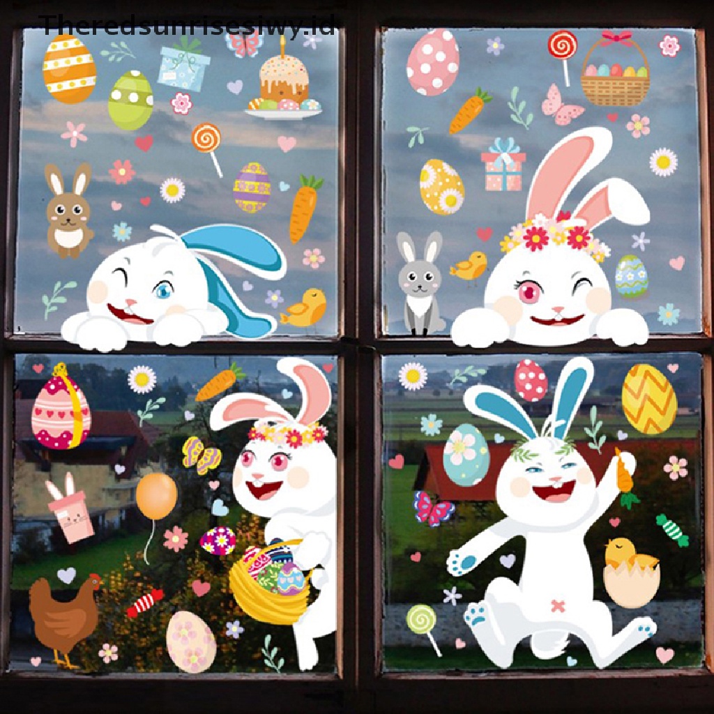 # Baju Lebaran # Stiker Jendela Kaca Happy Easter Colorful Bunny Eggs Wall Sticker 25x35cm~