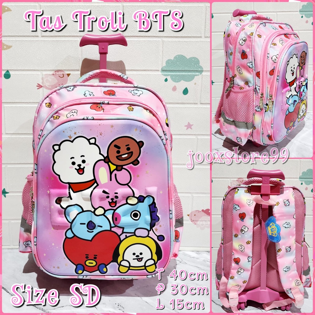 Tas Sekolah Troli Anak SD dan TK Tas Trolley Dorong Anak Sekolah Motif BTS BT21 Tas Koper Anak Perempuan