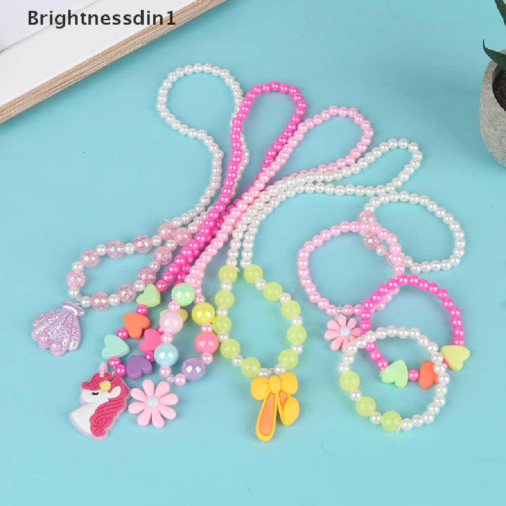 [Brightnessdin1] 2pcs/set Kalung Anak Perempuan Unicorn Bunga Kartun Putri Perhiasan Gadis Gelang Aksesoris Anak Perhiasan Hadiah Butik