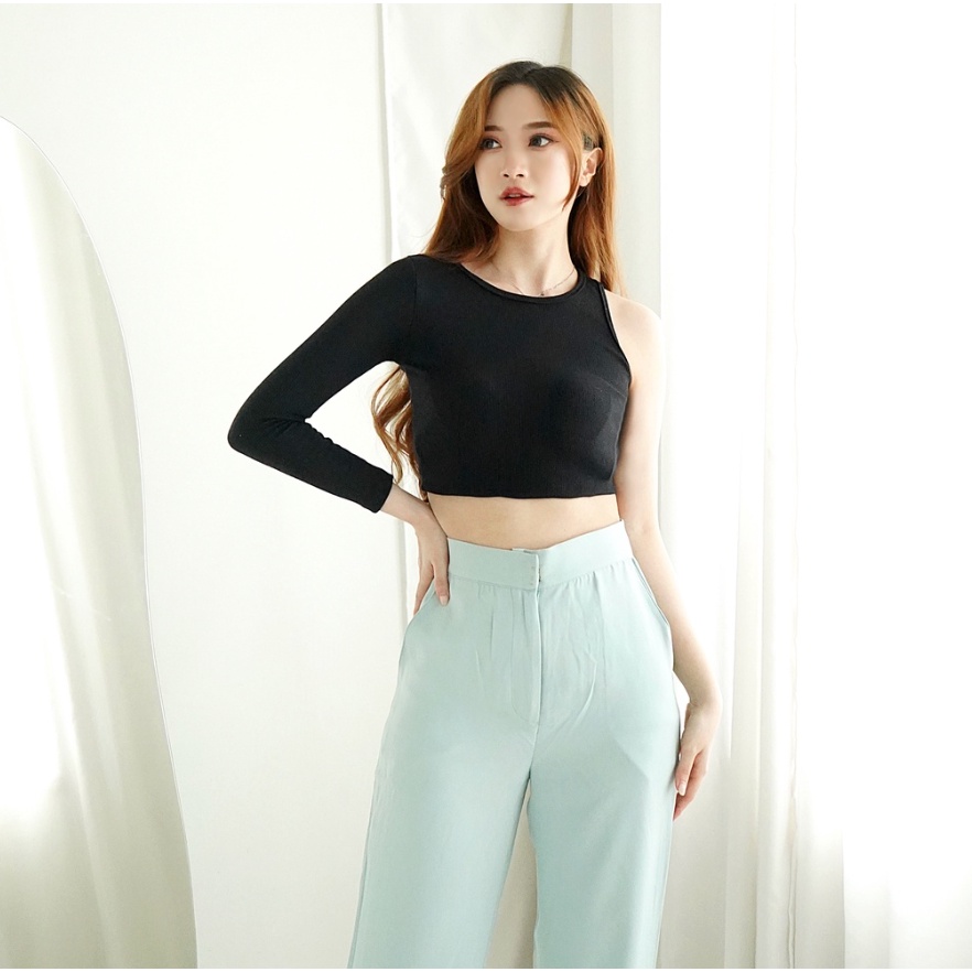 CAVALU Korean Knit Crop Top Longsleeve Lengan Panjang One Shoulder Top 154