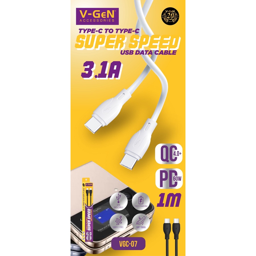 V-GeN Kabel Type C  to C QC 4.0 Charging VGC-07 - Vgen Kabel Power Delivery PD 60W 3.1A 1M