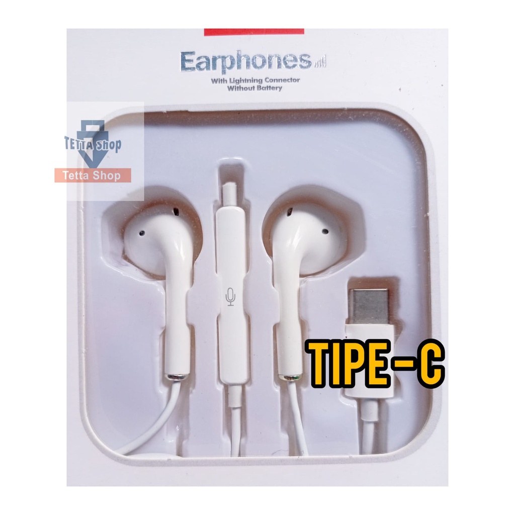 Hedset Tipe C Headset Type C Hetset Gepeng Tanpa Karet Warna Putih Ada Mic