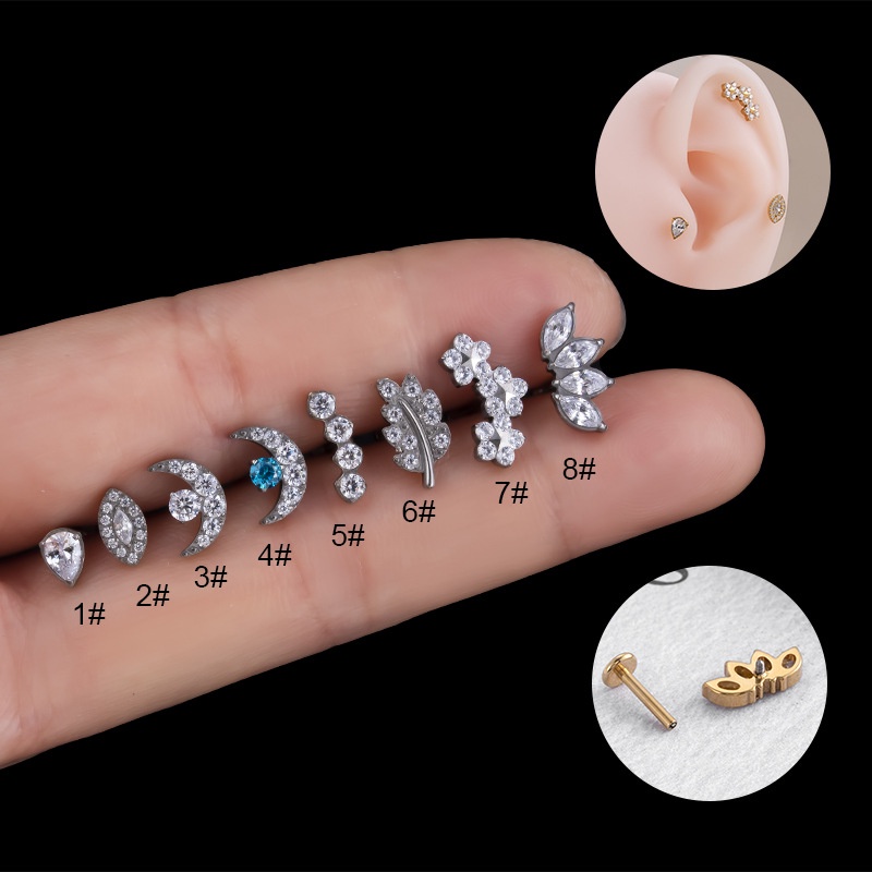 1biji G23 Titanium Internal Ulir Internal Labret Lip Stud Daun Mmon Bentuk Mahkota Helix Tulang Rawan Pinna Piercing 16Gauge