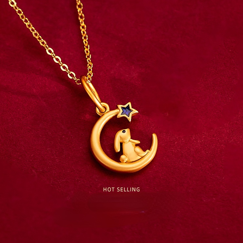 Goldkingdom Fashion Perhiasan 24 K Bangkok Aksesoris Ready Stock Bulan Kecil Kelinci Liontin Kalung Lucu Pick Bintang Giok Kelinci Klavikula Rantai