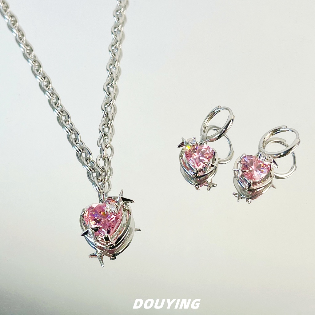 Gadis Manis Jantung Liontin Kalung Drop Anting Cincin Merah Muda Zirkon Kristal Silver Rantai Choker Earring Rings Untuk Wanita Perhiasan Aksesoris