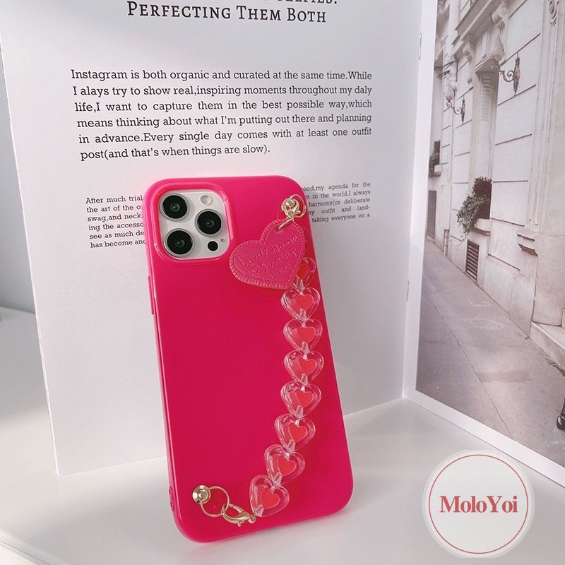 IPHONE Luxury Glossy Rose Red Smooth Case Kompatibel Untuk Iphone14 11 13 12 Pro Max 7Plus X7 8 Plus XR XS Max SE 2020 Simple Warna Solid Soft Tpu Cover Dengan Gelang Love Heart