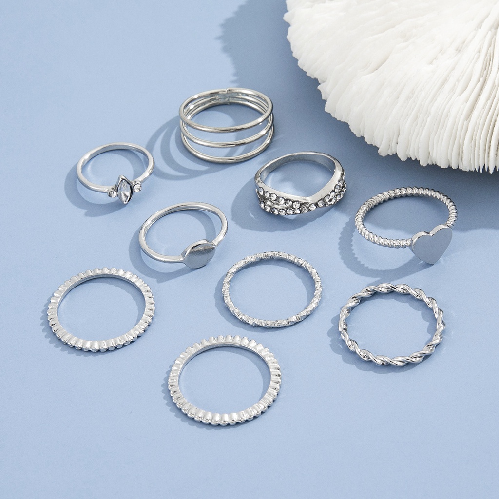 Tren Fashion Retro Sederhana Berlian Bertatahkan Geometris Cinta Cincin Bersama Busana Pribadi 9-piece Set