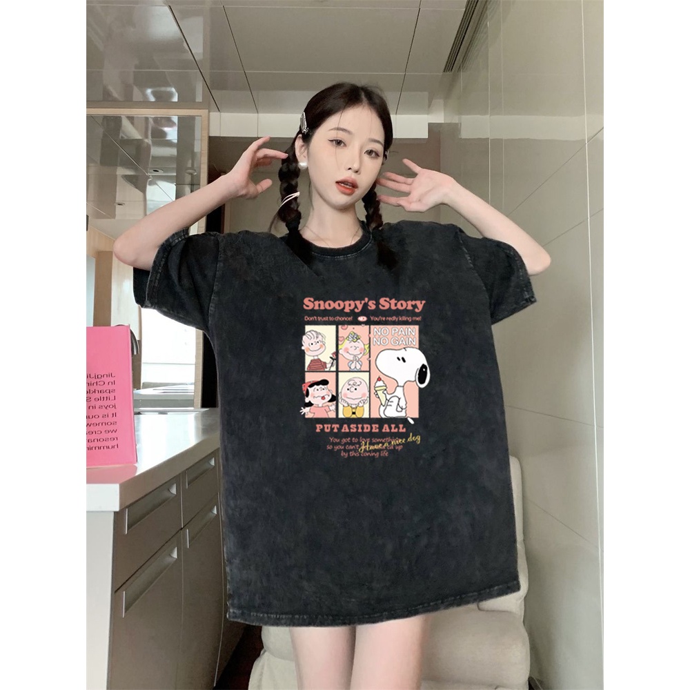 XiaoZhaiNv Korean Style Snoopy Graphic Pattern Washed Printing Kaos Wanita