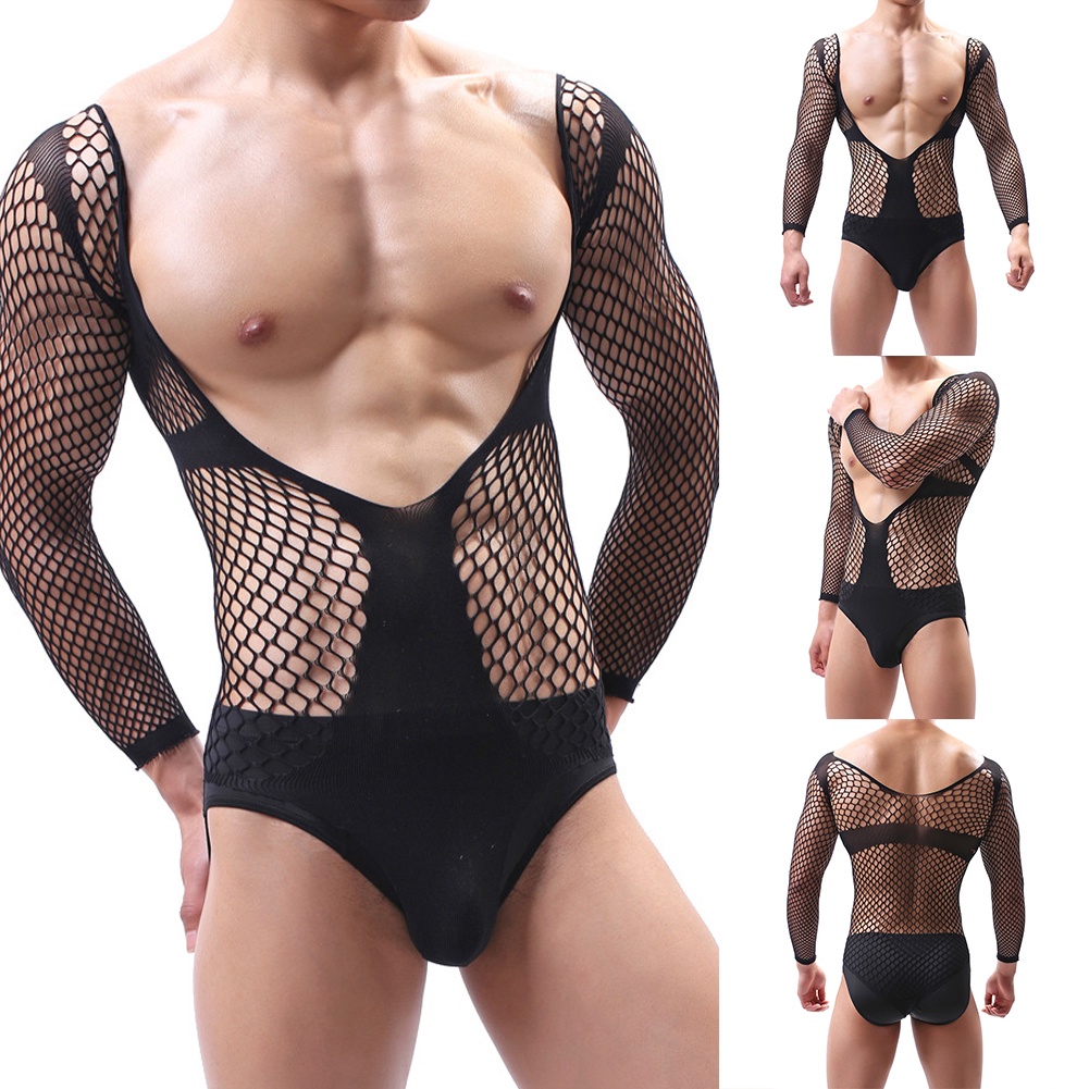 Men One-Piece Bodysuits Large V-neck Open Mesh Shirt See Through Dance Long Sleeve Lingerie Tight Sh