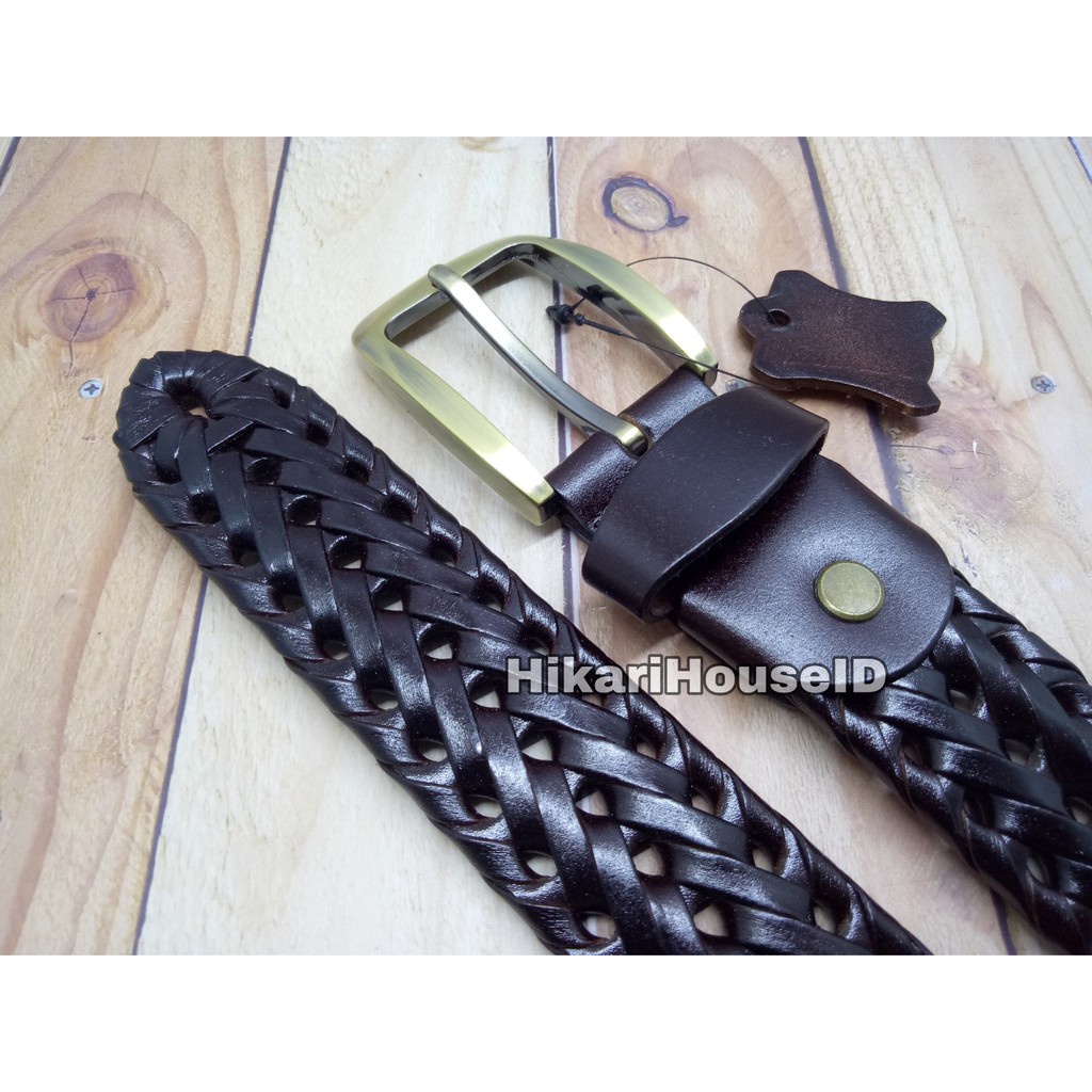 Ikat Pinggang Pria Gesper Jarum Model Kepang Anyam Kulit 3.5 Cm