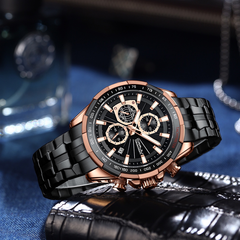 CRRJU Jam Tangan Pria Anti Air Olahraga Analog Bercahaya Tali Stainless Steel Crononya Aktif Jam Tangan Cowok