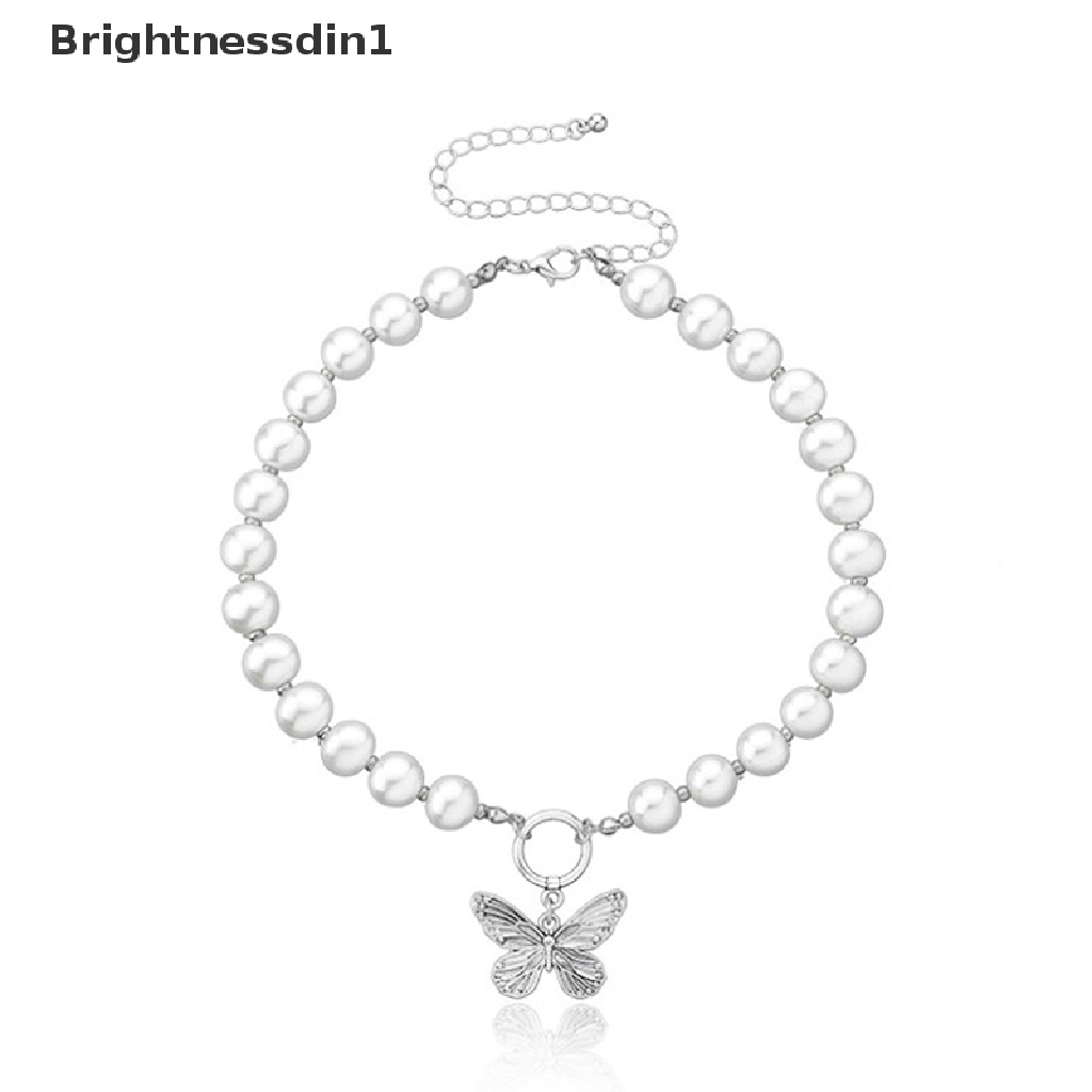 [Brightnessdin1] 1pc Kalung Rantai Manik Mutiara Liontin Kupu-Kupu Kalung Untuk Wanita Fashion Butik