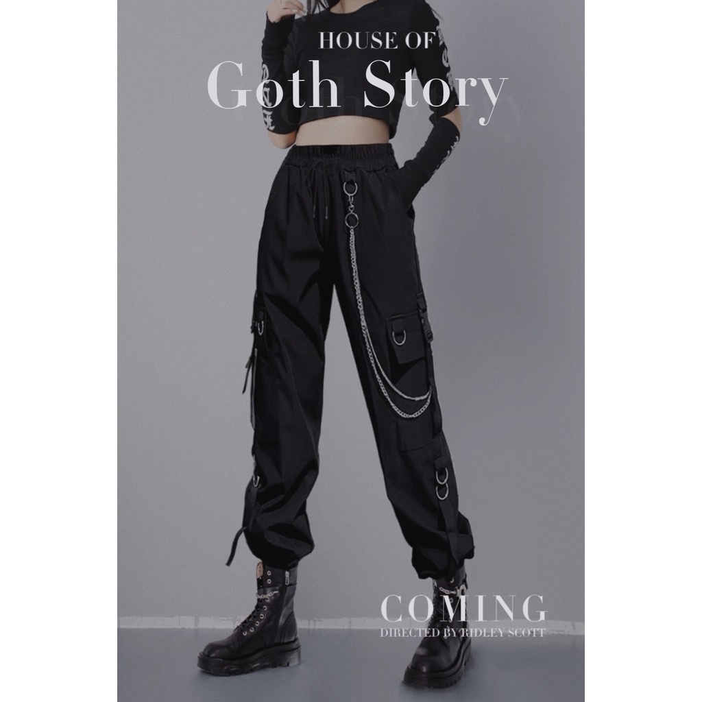 Women Black Cargo Pants with Chain 8661 (S/M/L)