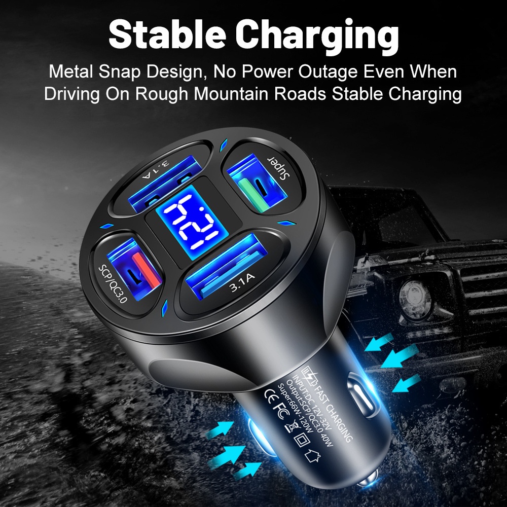 Digital Display USB 4colokan Car Fast Charge 66W PD Car Adoptor Charger Untuk i-Phone Tipe c Android Realme Fast Charge 3.0 In Car