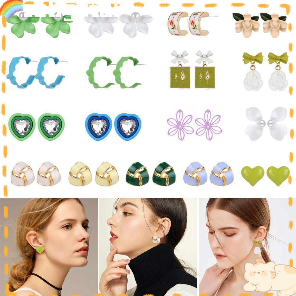 Solighter Anting Bunga Musim Semi Kreatif Hijau Putih Biru Temperamen Ornamen Ear Studs