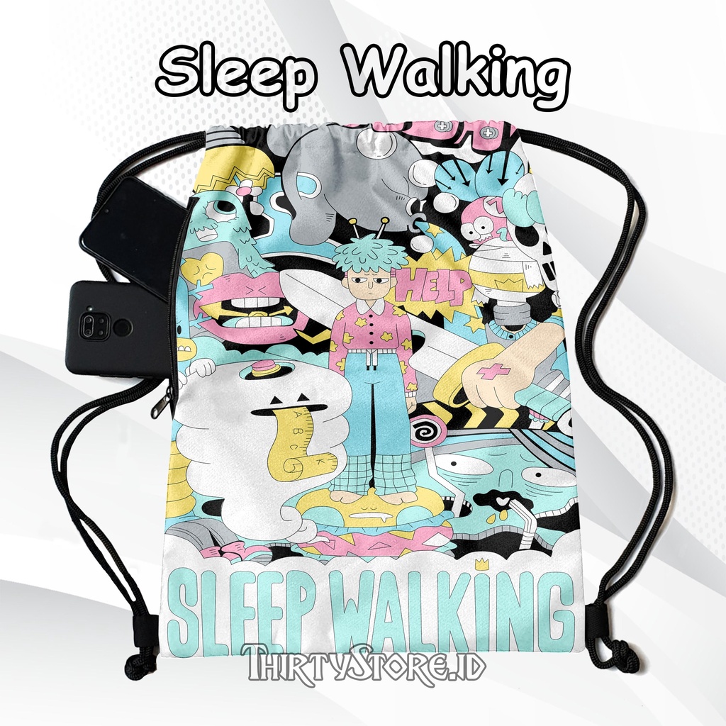 Tas Serut Anti Air New String Bag Full Print Pria Dan Wanita Motif Sleep Walking Tas Olahraga Tas Sekolah