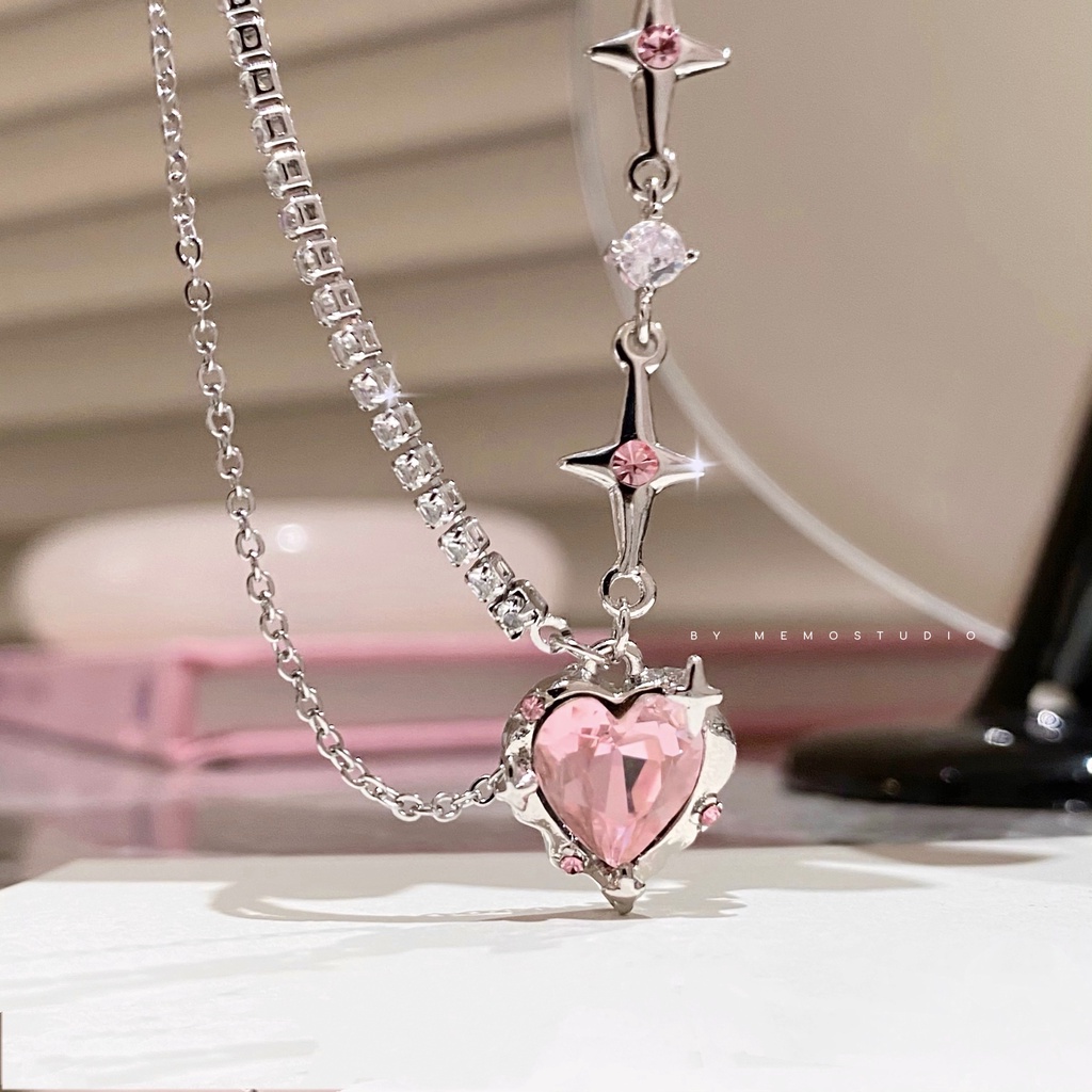 Kalung Love Hati Permata Pink Mewah Fashion Chain Choker Untuk Aksesoris Perhiasan Wanita