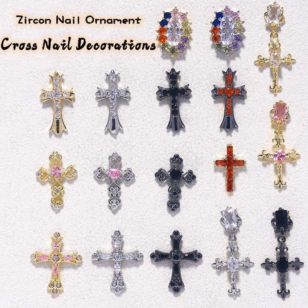 [Elegan] Cross Dekorasi Kuku Wanita Retro Perak Jepang Nail Drills Croix Cross Zirkon Hiasan Kuku 3D Nail Jewelry