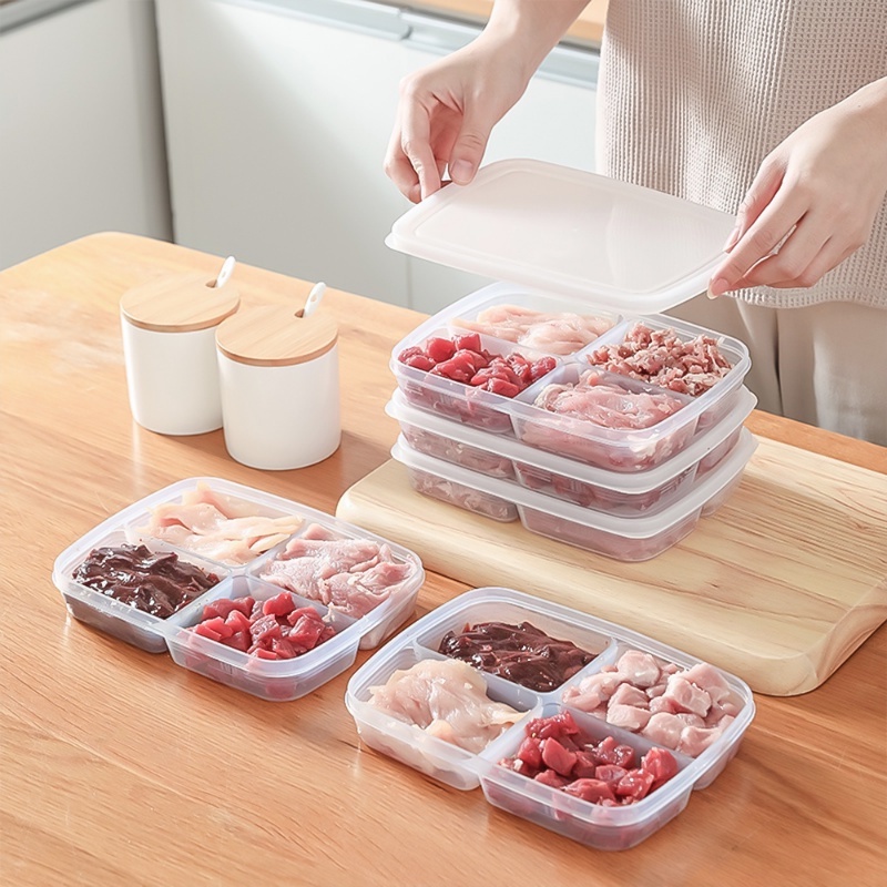 4kisi Kotak Penyimpanan Buah Makanan/Sekat Portable Kulkas Freezer Organizer/Sub-Packed Daging Bawang Jahe Transparan Crisper