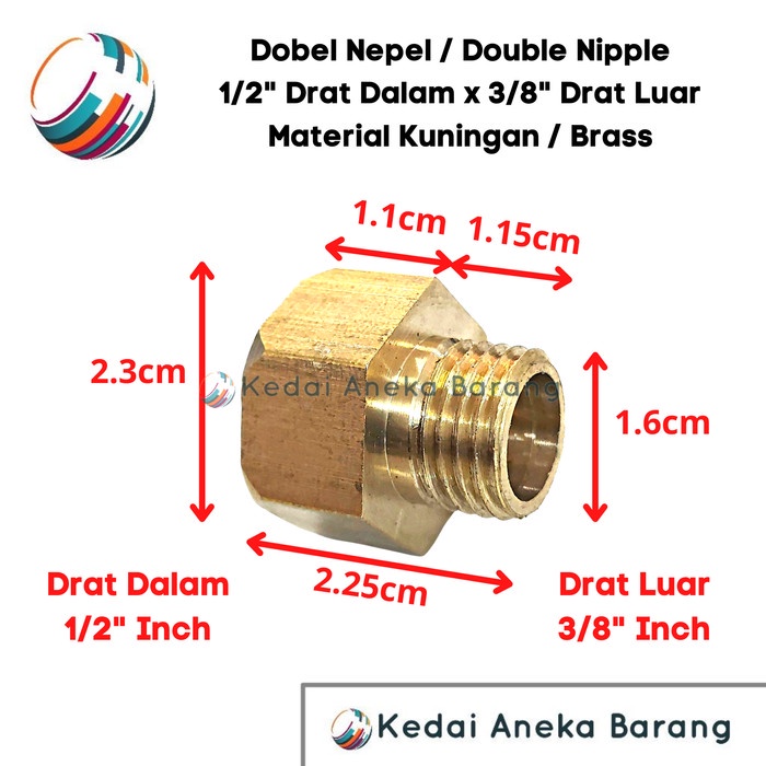 ((HARGA 5 PCS)) Double Nipple Dobel Nepel 1/2 x 3/8 Inch Kuningan Drat Luar Dalam