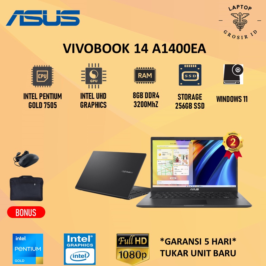 Laptop ASUS VIVOBOOK 14 A1400EA FHD7524 PENTIUM GOLD 7505 8GB 256SSD W11+OHS 14.0FHD