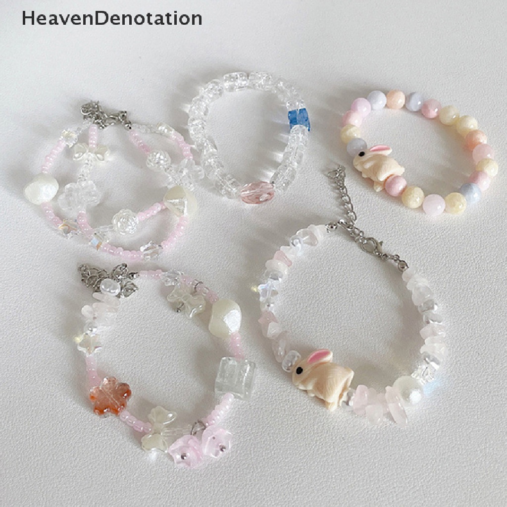 [HeavenDenotation] Baru Handmade DIY Goth Lucu Permen Warna Pink Kartun Bunga Manik-Manik Gelang Untuk Perempuan Kelinci Elastis Gelang Perhiasan Aksesori HDV