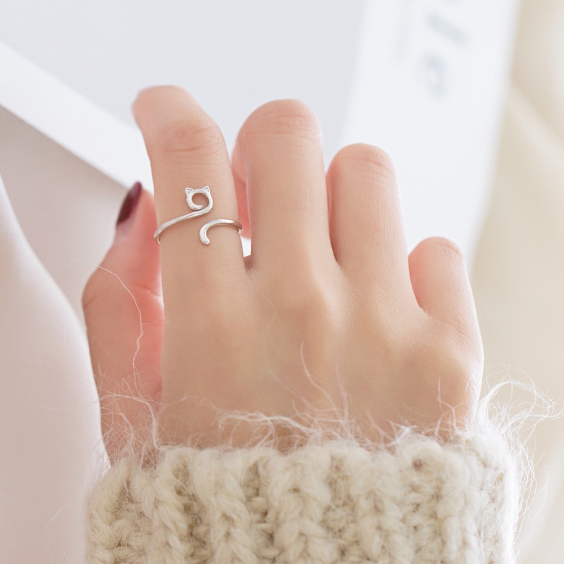 Fashion Wanita Perak Kucing Lucu Jari Cincin Minimalis Berongga Adjustable Cincin Hadiah Perhiasan Pesta Pernikahan