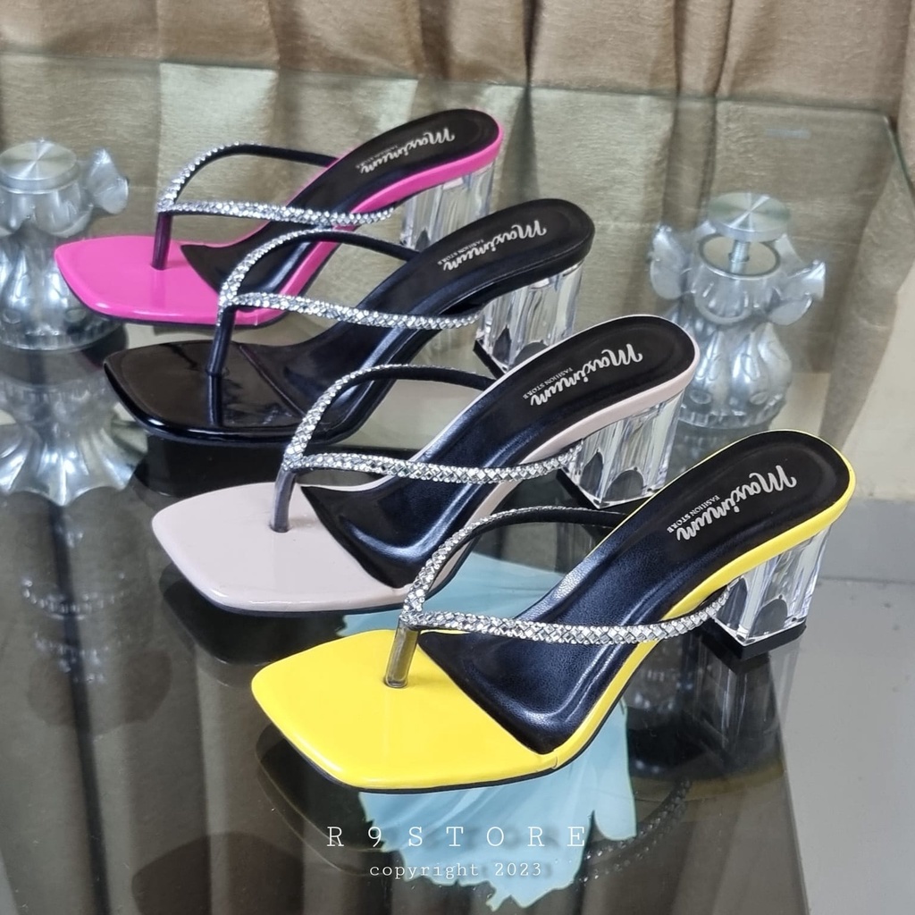 R9 Sandal Wanita Heels Kaca Jepit Premium