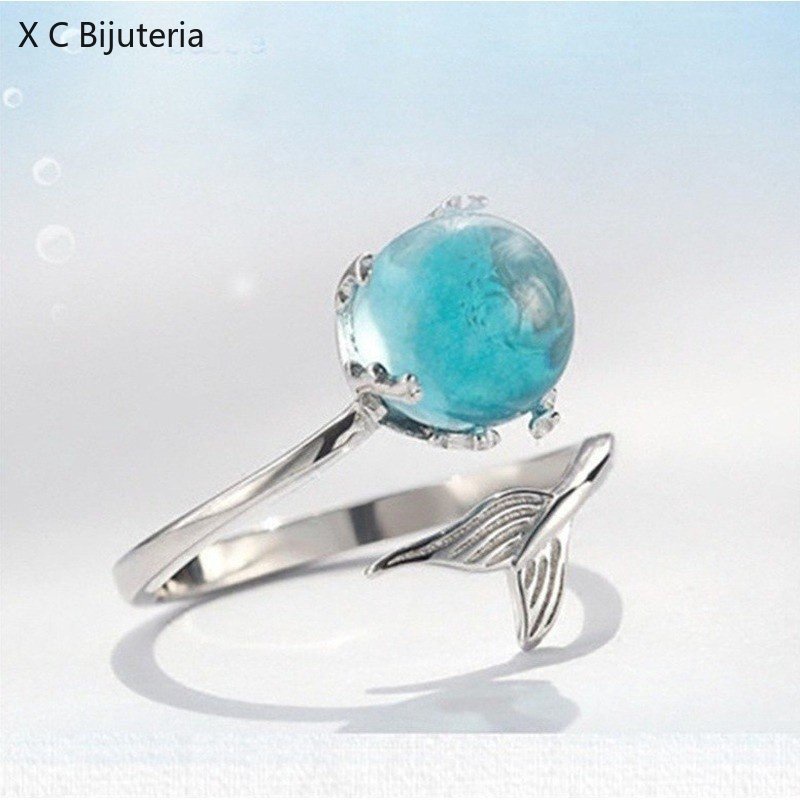 [X C Jewelry] Mermaid Wanita Terbuka Cincin Busa Pasangan Cincin Anniversary Cincin Tunangan Pernikahan Hadiah Ulang Tahun Kristal Biru Aksesoris Fashion