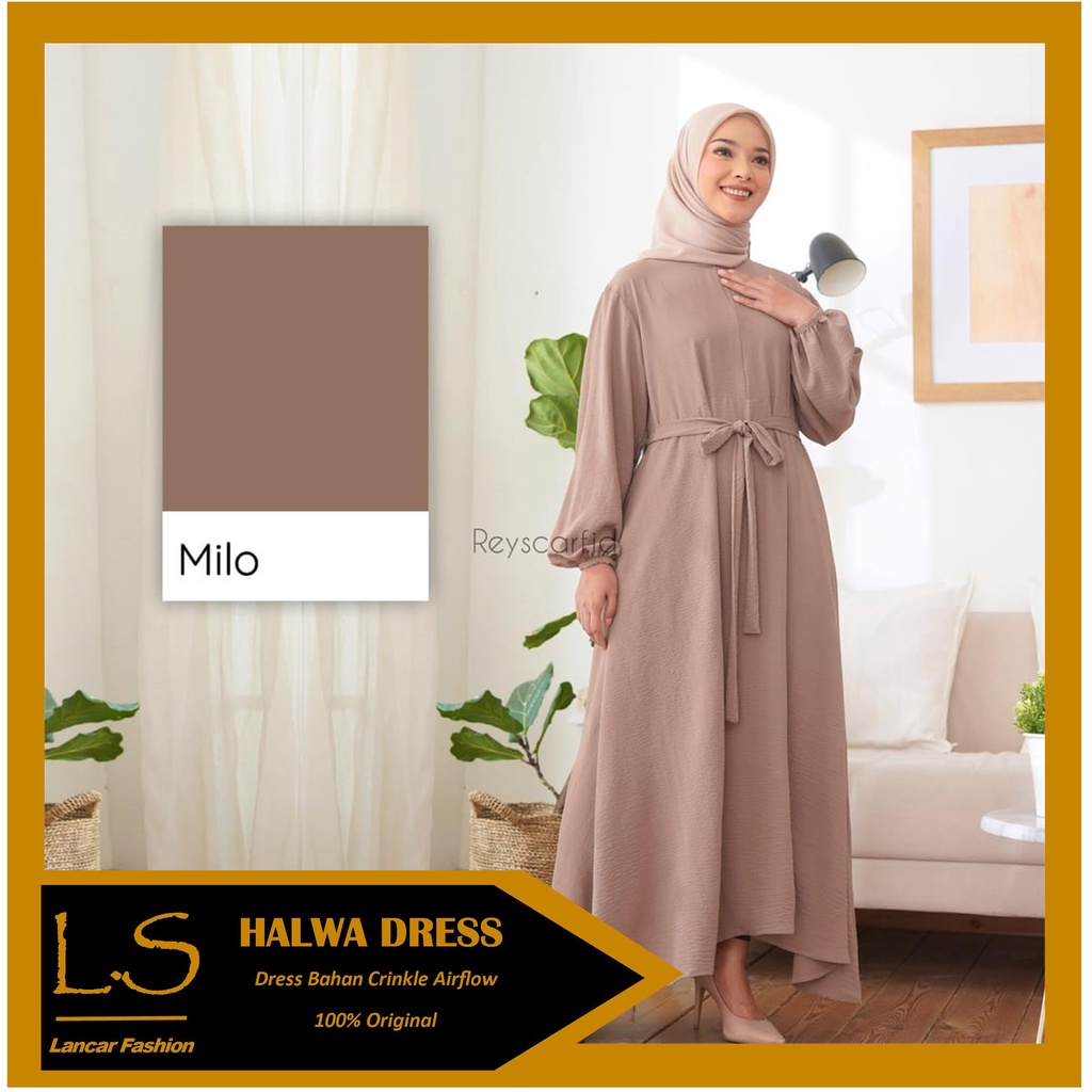 Halwah Dress Muslim Wanita Gamis Tali Pinggang Crinkle Airflow