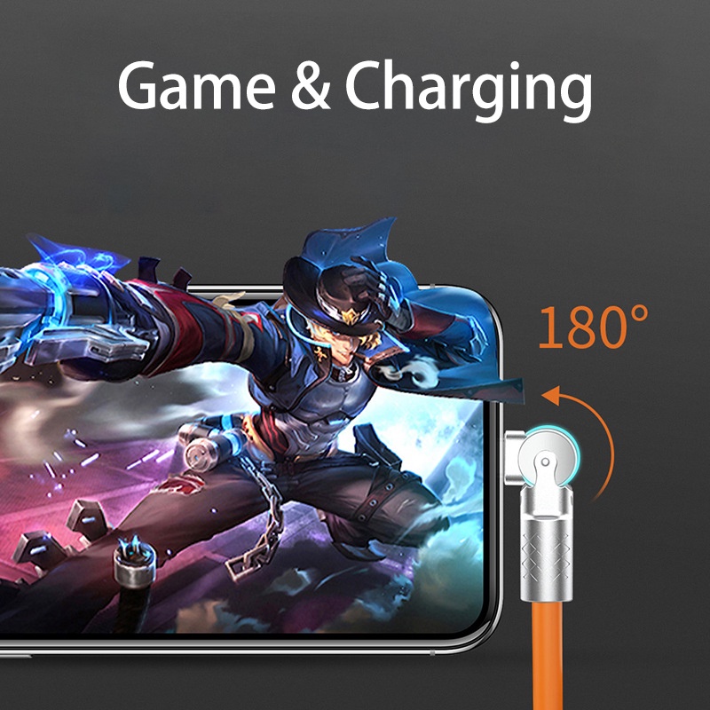 Sepatu 120W 6A Gaming180° Rotasi Kabel Pengisian Super Cepat Handphone Gaming Type-C Micro USB Charger Liquid Silicone Cable Untuk Huawei Android iphone