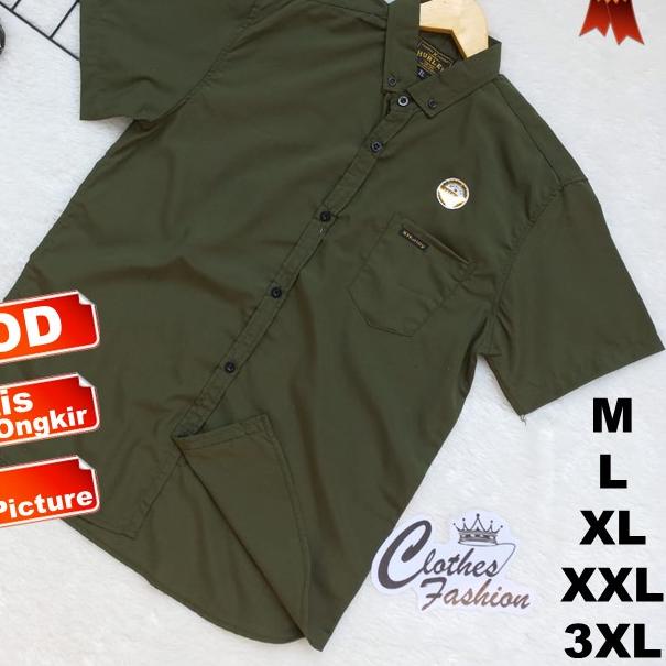 ✬ Baju Kemeja Hem Hijau Army Polos Slim Fit Pria Cowok Laki Laki Lengan Pendek Slimfit Oversize Big 