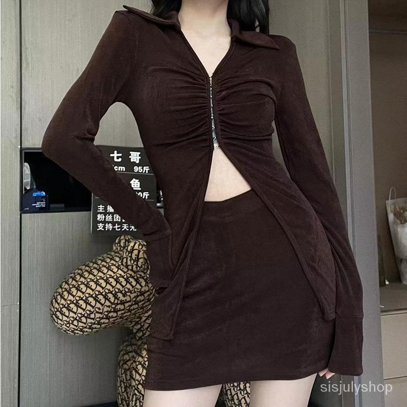 [✅BISA COD] Rok kemeja blus blus V-neck tipis temperamen baru wanita + paket rok setengah badan rok