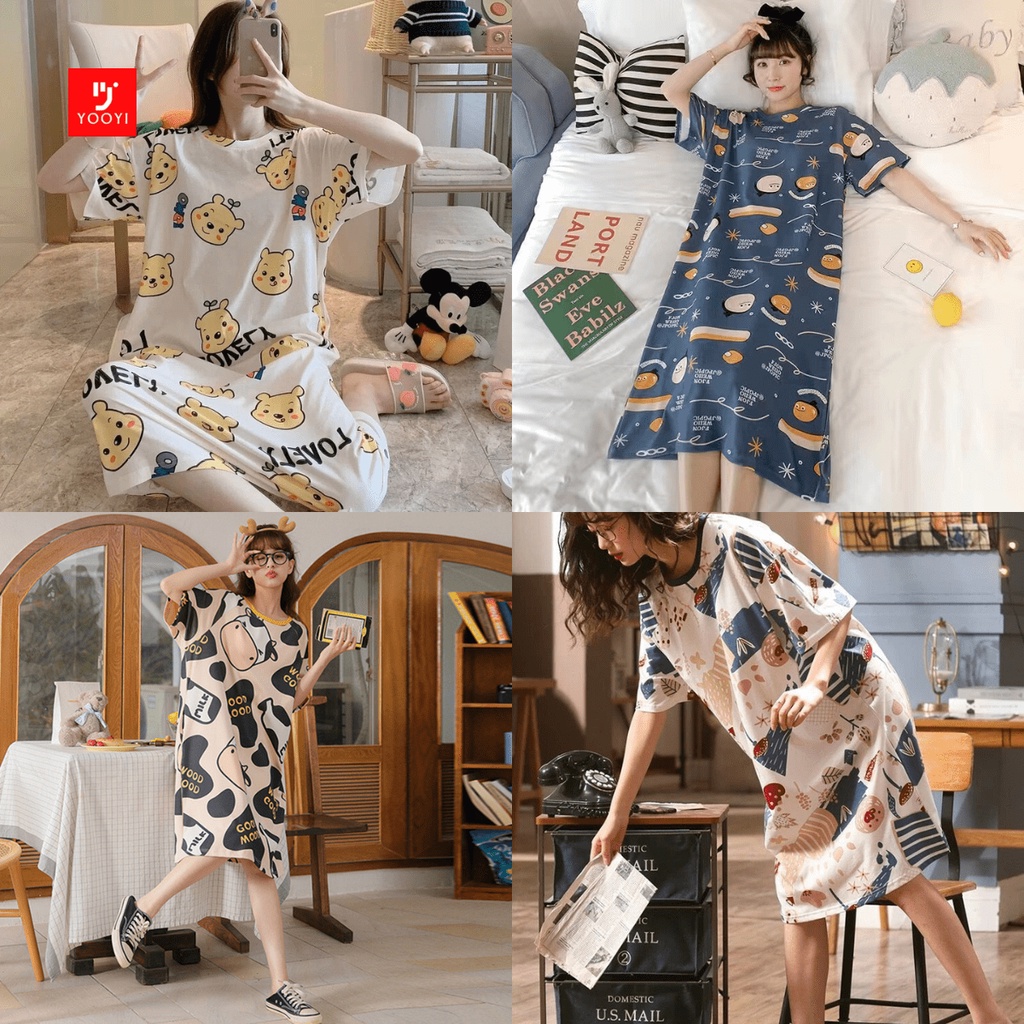Yooyi Baju Tidur Wanita Daster Dewasa Motif Gaun Malam Piyama Kaos Fashion Perempuan Remaja Murah Ke