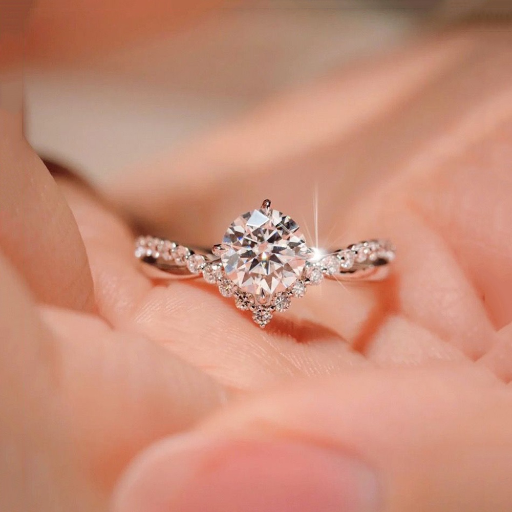 Elegan Korea Mahkota Zirkon Berlian Imitasi S925 Perak Baja Titanium Pernikahan Pertunangan Rings Untuk Wanita Fashion Perhiasan Adjustable Size