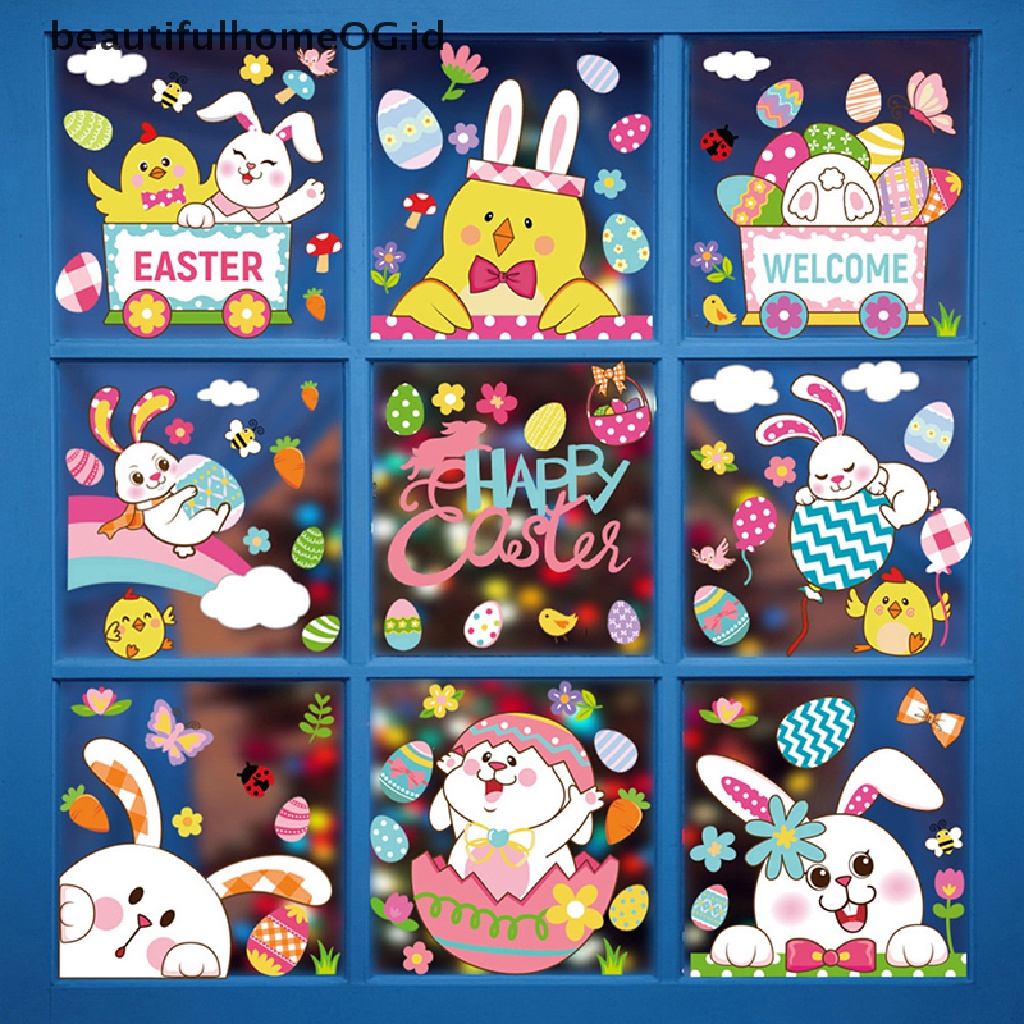 // Beautifulhomeog.id// 1Pc Stiker Jendela Kaca Happy Easter Colorful Bunny Eggs Wall Stickers 20x30cm **